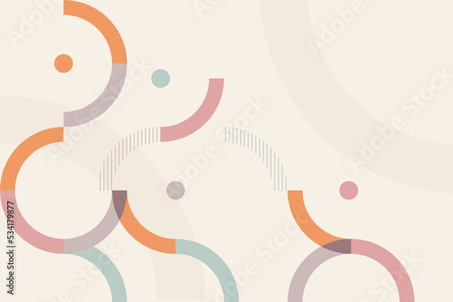 Simple geometric mid-century decorative background with circles, lines and dots. Abstract composition of semicircle shapes
