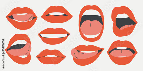 Set of open women's mouths, white teeth, tongue . Female red lipstick lips with different emotions, mimic, facial expressions . Make up, beauty, podcast . Sexy talking, kissing mouth, human body part