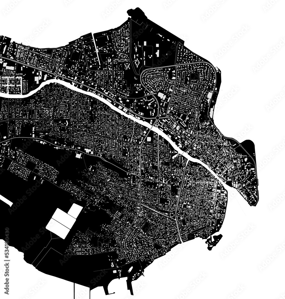 Belize map. Detailed black map of Belize city poster with roads