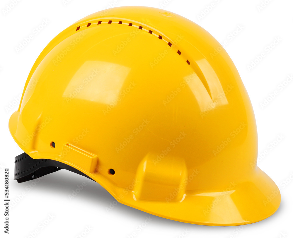 Modern yellow hard hat protective safety helmet with drop shadow isolated - obrazy, fototapety, plakaty 