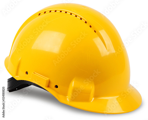 Modern yellow hard hat protective safety helmet with drop shadow isolated photo