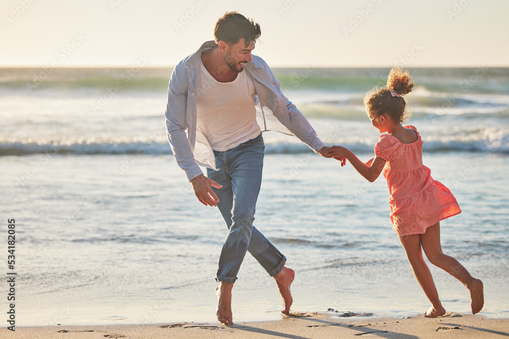 Beach walk, father and girl walking by the water on holiday in Greece during summer vacation. Happy dad and child with smile while playing with love by the ocean during nature family travel together