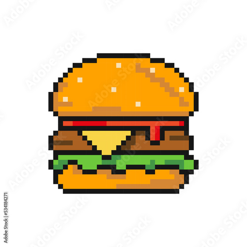 Pixel hamburger icon, 8Bit burger. Pixel Art Vector Illustration isolated on white background.