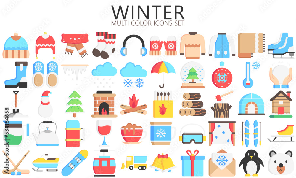 Winter multi color icons set. Jackets, sweater, hot drink, winter sport, snow, Christmas, gloves and more. use for modern UI or UX kit, digital banner and app. vector EPS 10 ready convert to SVG.