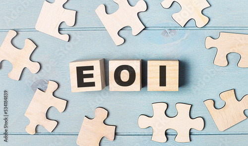 Blank puzzles and wooden cubes with the text EOI Expression of Interest lie on a light blue background.