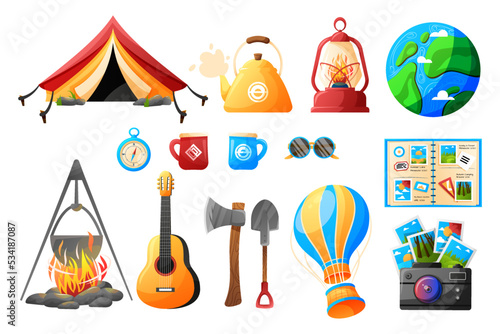 Tent, campfire, guitar, lamp, gas-burner, air balloon. Set of elements for Camping, traveling, trip, hiking.