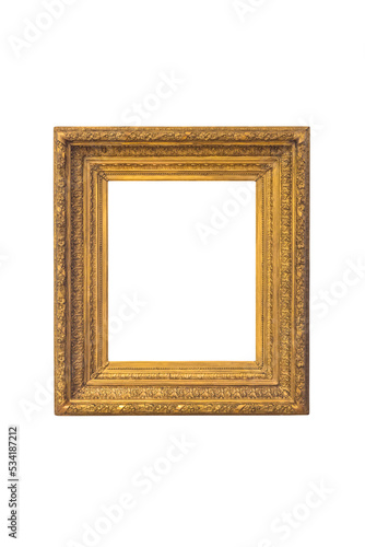Vintage four-stage frame for photos or paintings in gold color, highlighted on a white background. Rectangular vertical. Blank for the designer.