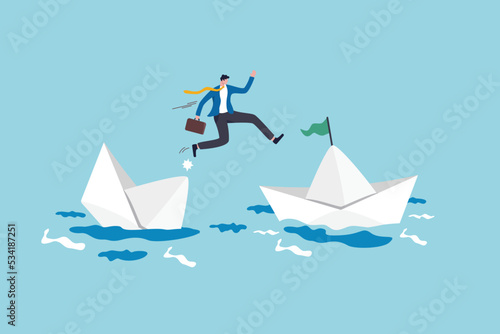 Escape from risk or danger, run away or flee from fail or bankruptcy company, change job or move to new better workplace concept, frustrated businessman jump to escape from sinking ship to better one.