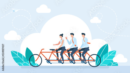 Search for a new manager in business team. Vacancy for a managerial position. The place of the boss. A friendly team rides a tandem bicycle without a boss. Flat design for vacancy. Vector illustration