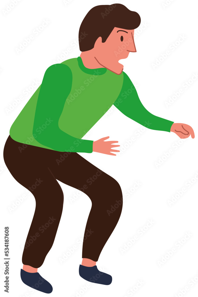 Young adult surprised man dressed in a sweater, pants and socks. Male vector clipart in comfortable home clothes and with a frightened face, isolated on a transparent background Young adult surprised man dressed in a sweater, pants and socks. Male vector clipart in comfortable home clothes and with a frightened face, isolated on a transparent background