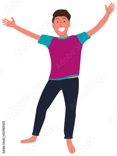 Young adult man standing in a winner pose and smiling with arms raised up. Male vector clipart in comfortable home clothes, isolated on a transparent background