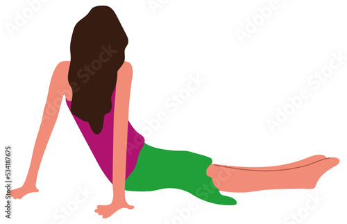 Woman sitting with outstretched legs - view from the back. Modern minimal cartoon female vector clipart on transparent background