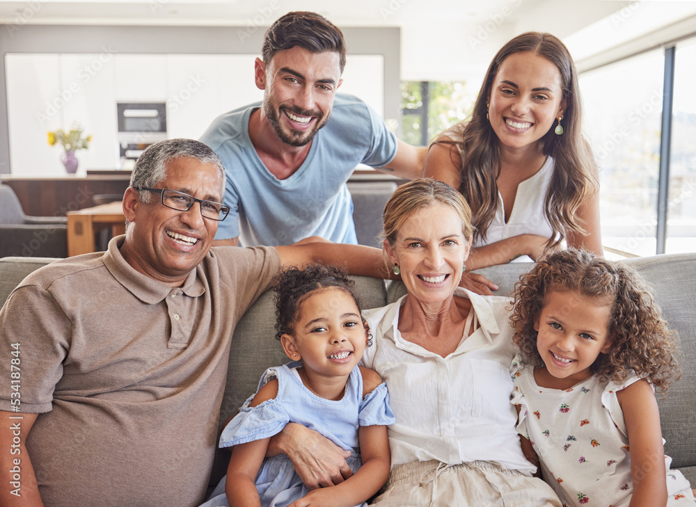 Happy big family, smile and sofa portrait in home living room, bonding and caring. Love, diversity and grandparents, parents and girls spending good quality time together in relax, support and care. Happy big family, smile and sofa portrait in home living room, bonding and caring. Love, diversity and grandparents, parents and girls spending good quality time together in relax, support and care.