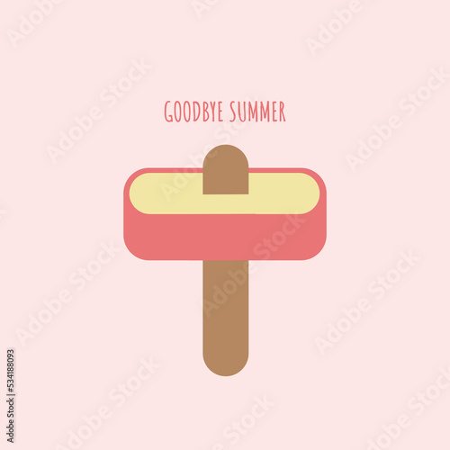 vector goodbye summer vector concept illustration with melt pink ice cream with stick on green background. End of summer background
