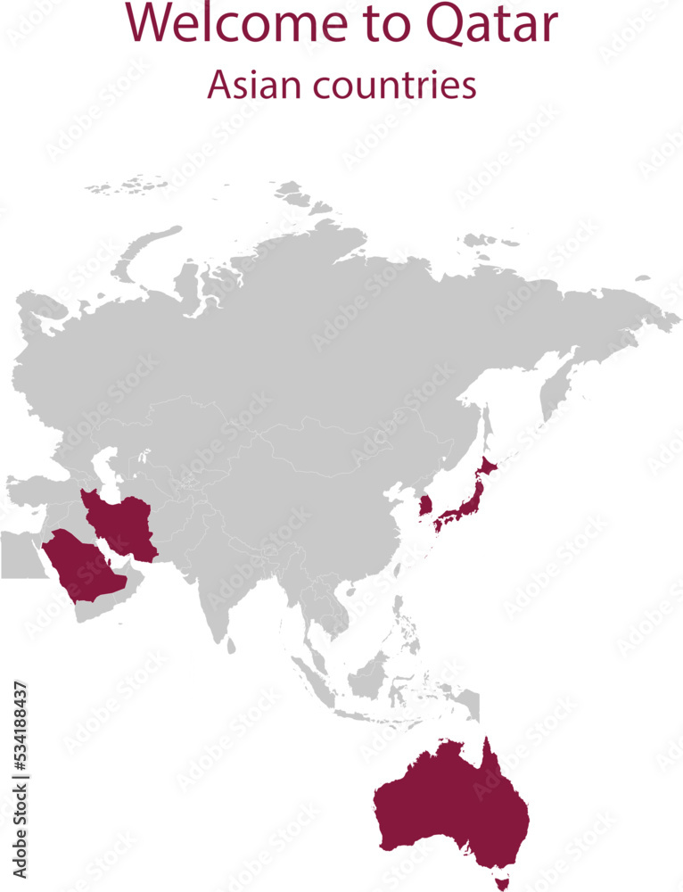 Maroon map of Asian countries participating in International Soccer Event in Qatar inside gray map of Asian continent