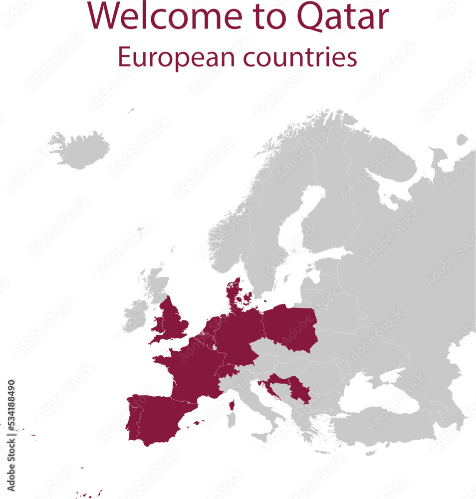 Maroon map of European countries participating in International Soccer Event in Qatar inside gray map of European continent