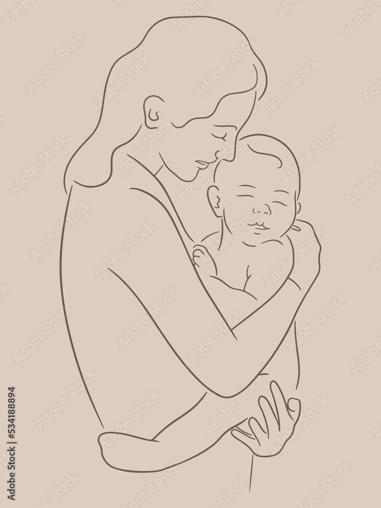 Vector illustration of mother and newborn baby. Hand drawn sketch of mom holds infant. Motherhood concept Vector illustration of mother and newborn baby. Hand drawn sketch of mom holds infant. Motherhood concept