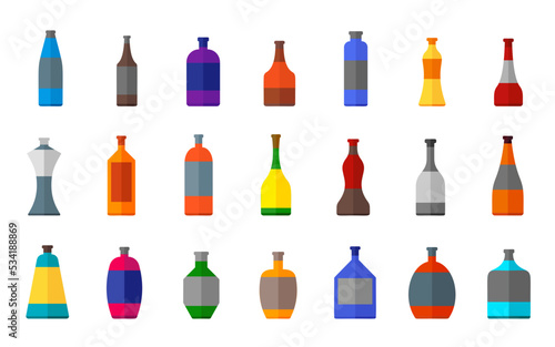 Bottle of alcohol beverage flat cartoon icon set. Various shapes glass beer wine bottles. Bar restaurant pub alcoholic jar. Vodka whiskey soda beer water brandy liqueur flask