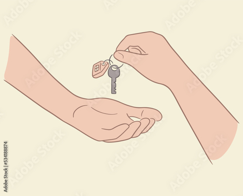 One hand holding a home key and lends it to other hand. Getting key from your own home. Buying house concept