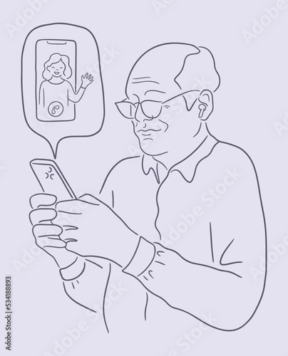 Old person with a phone making video call. Grandfather FaceTime to his daughter. Line art sketch of senior man wearing glasses and looking at the smartphone screen and typing