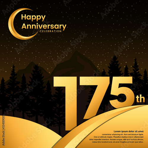 175th anniversary, Anniversary Celebration with golden text, isolated on mountains background, vector template illustration photo