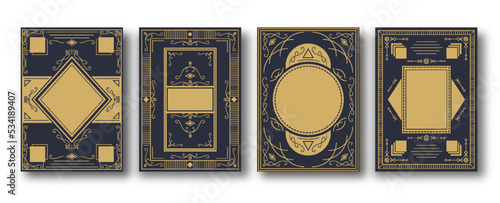 Vintage notebook cover set. Golden engraving pattern template with copy space for annual notepad, brochure, copybook, diary. Art deco graphic print for magazine covers, booklet journal cards