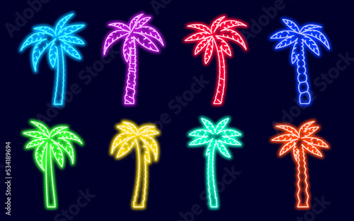 Palm trees neon icon set. Tropical palms tree billboard bright lamps. Luminous exotic summer decoration for bar signboard, beach party advertisement, background