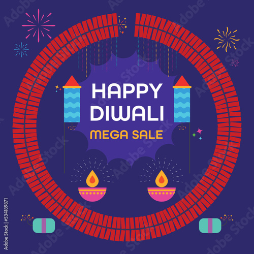Happy diwali mega sale banner with minimal diwali festive fireworks elements - vector illustration photo