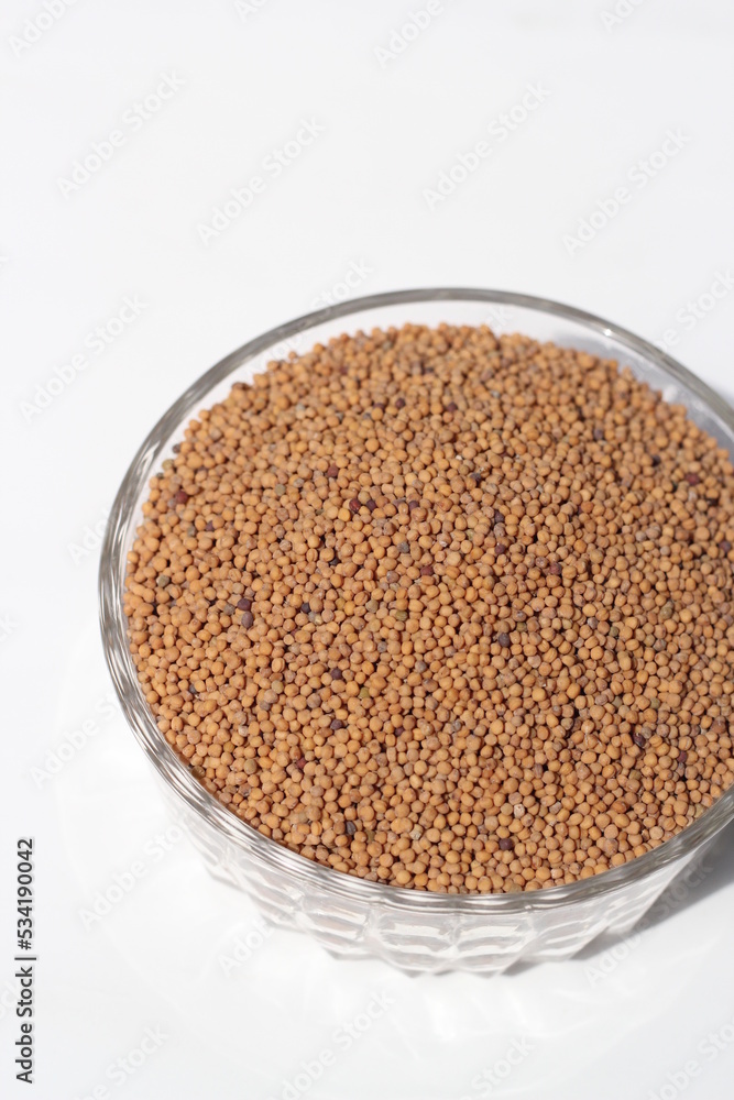 Mustard seeds on a glass bowl, mustard seeds on white background Mustard seeds on a glass bowl, mustard seeds on white background