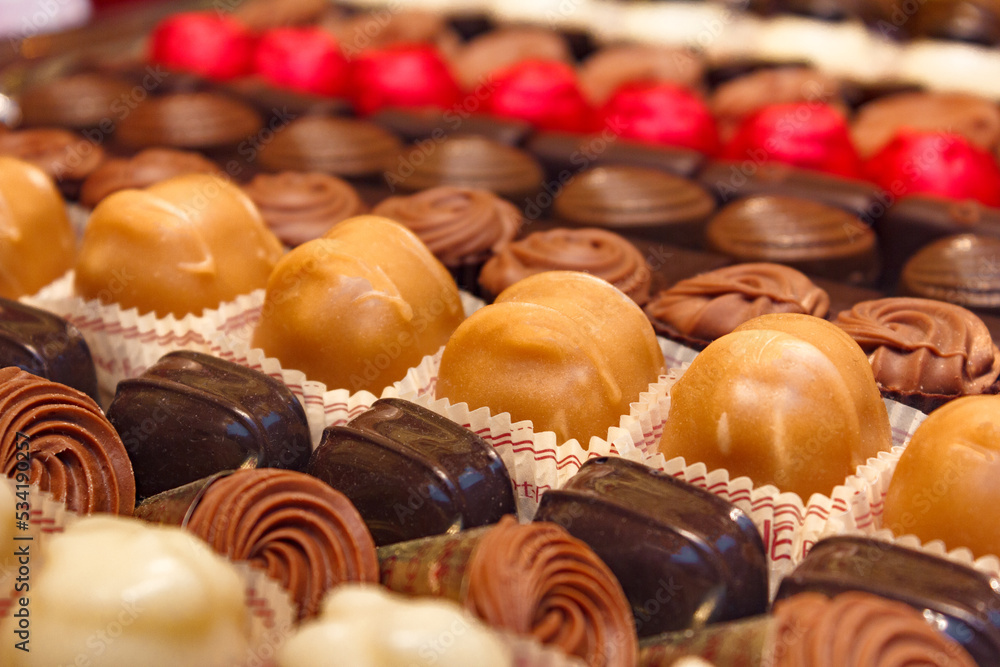 Chocolate sweets in shop, Belgium Chocolate sweets in shop, Belgium