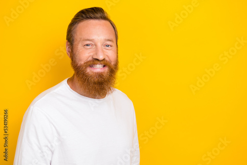Closeup photo of young handsome man positive student advertisement cool veneers stomatology isolated on yellow color background