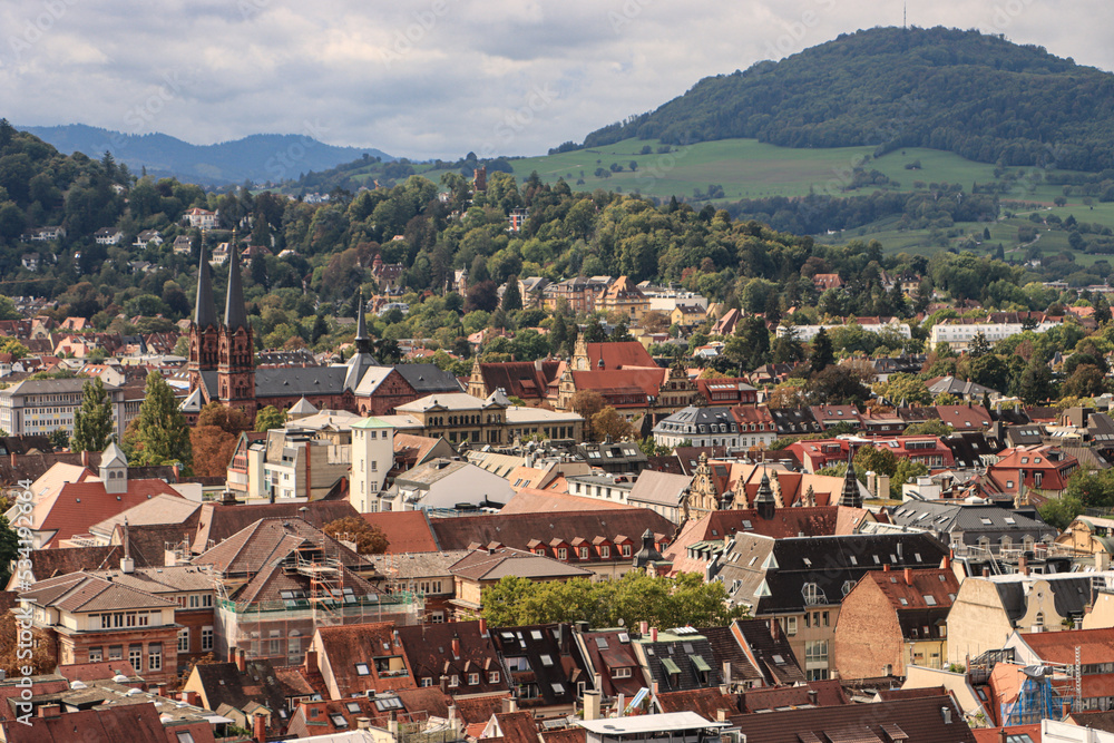 Freiburg i. Br.; Blick vom Münsterturm nach Süden mit St.-Johannes-Kirche und Lorettoberg