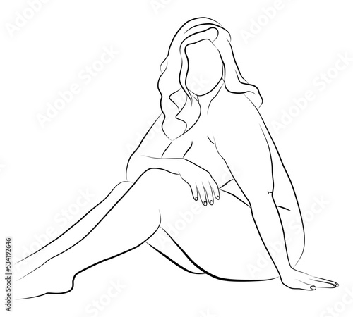 Fat girl posing in her underwear. Body-positive, large-sized women in underwear. For the design of underwear and swimwear, bathing suits. Linear art.
