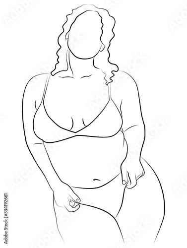 A happy big plump woman with a beautiful plus-size body. A plump beauty with a curvy figure. Modern obese and sexy people. Linear art.