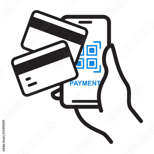 Mobile banking app and e-payment icon. Hand with smartphone and pay by credit card, vector illustration