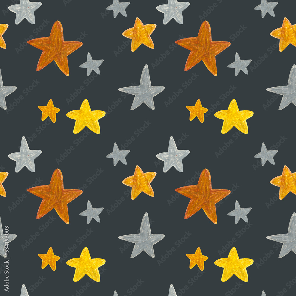 Hand drawn silver and golden stars pattern on dark background. For fabric, sketchbook, wallpaper, wrapping paper. Hand drawn silver and golden stars pattern on dark background. For fabric, sketchbook, wallpaper, wrapping paper.