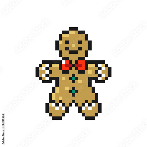Christmas gingerbread man cookie icon in pixel art design isolated on white background, Christmas and New Year vector sign symbol.