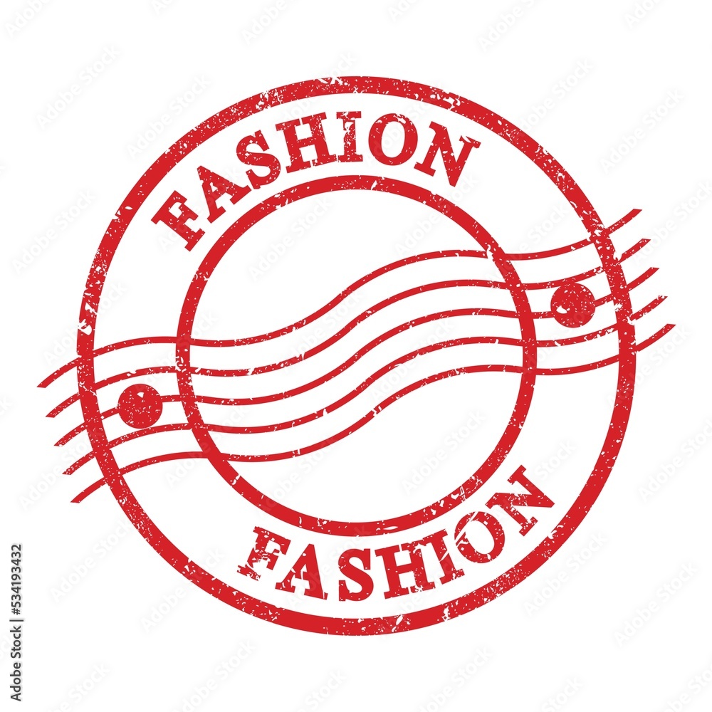 FASHION, text written on red postal stamp. FASHION, text written on red postal stamp.