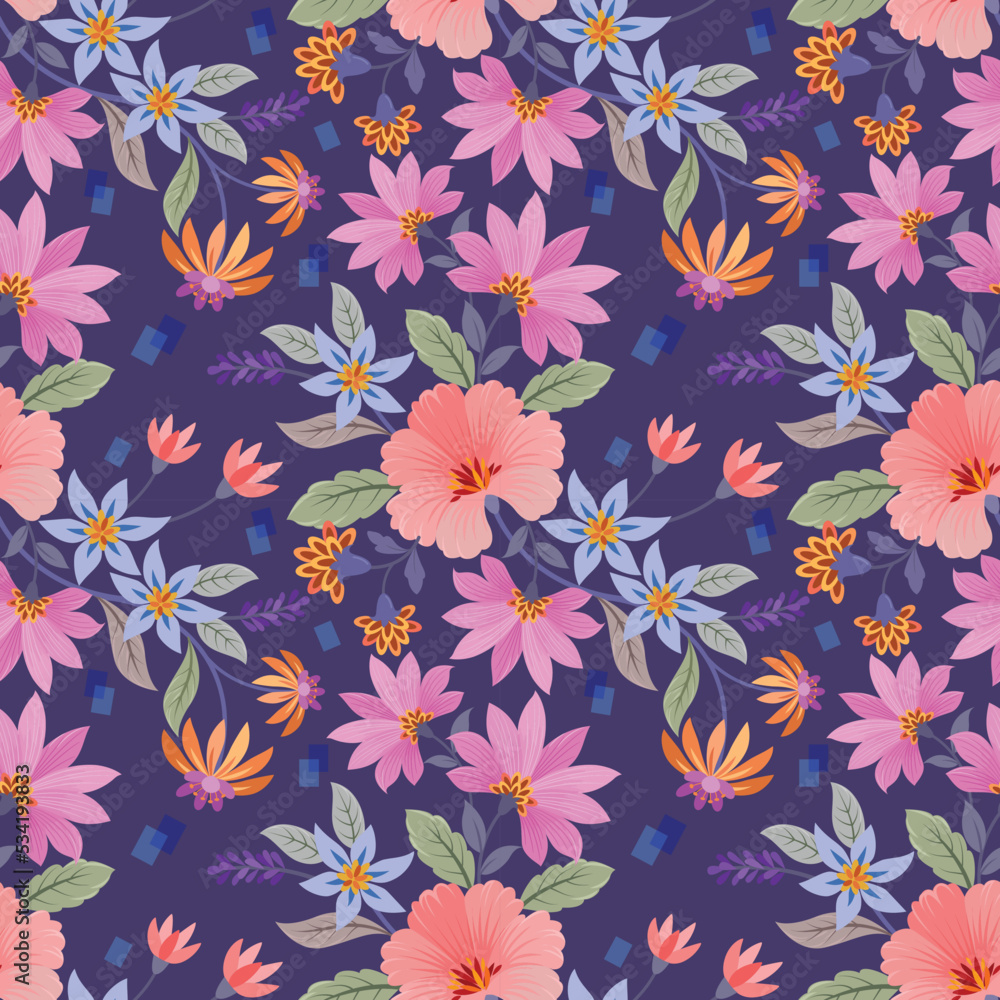 Beautiful blooming flowers on purple color background seamless pattern. Beautiful blooming flowers on purple color background seamless pattern.