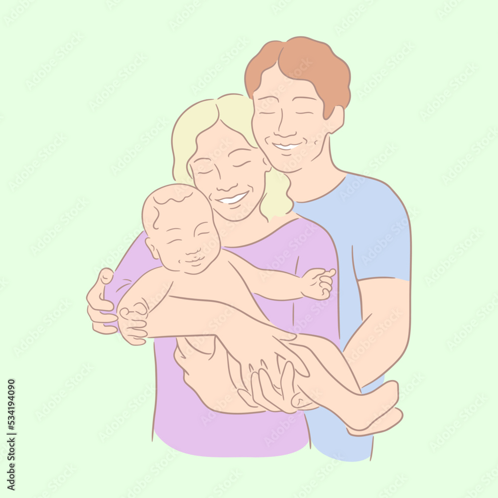 Happy family posing together. The father hugs his wife and their child. Smiling mother holding her baby and hugging her husband. Young parents concept Happy family posing together. The father hugs his wife and their child. Smiling mother holding her baby and hugging her husband. Young parents concept