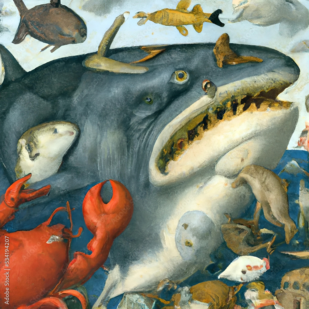 A giant whale eating shark, fishes, dolphins and many other marine