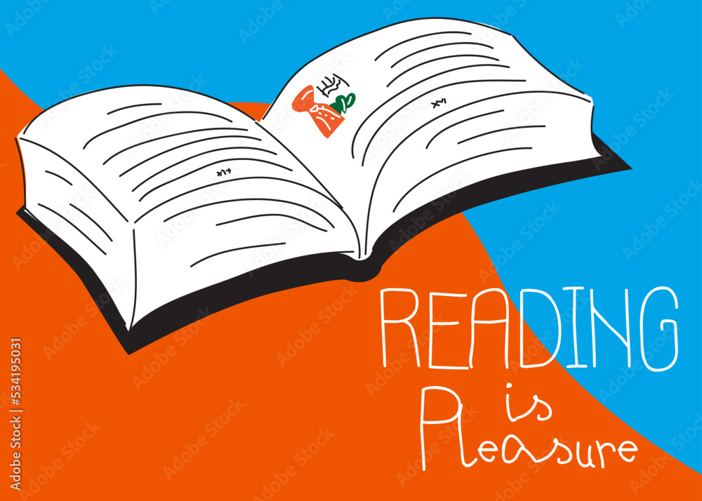 Old opened book with Reading is Pleasure text. Card or banner vector illustration. Old opened book with Reading is Pleasure text. Card or banner vector illustration.