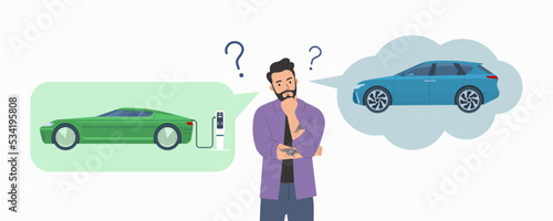 A man chooses between an electric car and a gasoline car. Vector illustration.
