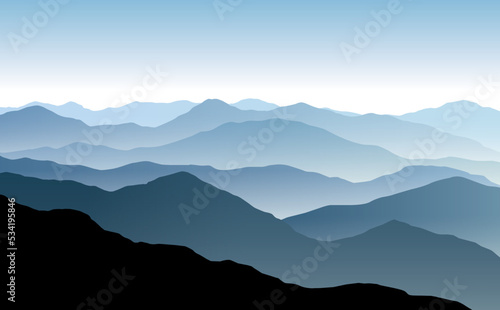 Vector panoramic landscape with blue misty silhouettes of mountains and clear sky