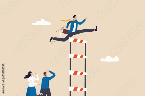 Skill level or experience to overcome challenge and succeed, personal development or improvement, professional or expert level concept, confidence businessman jump across highest level of hurdles.