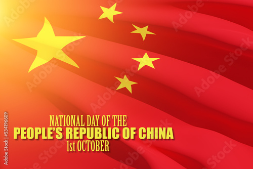 Close up waving flag of China with text. Flag symbols of China. National day of the people's republic of China.