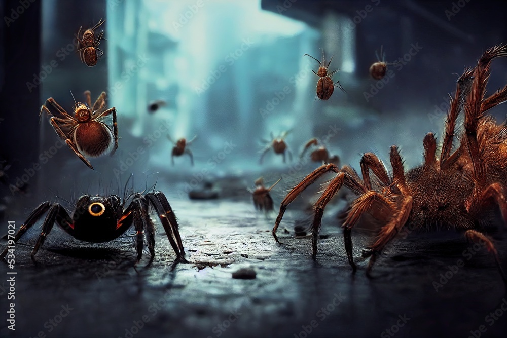 Spiders invade the streets at night. They weave huge webs in urban