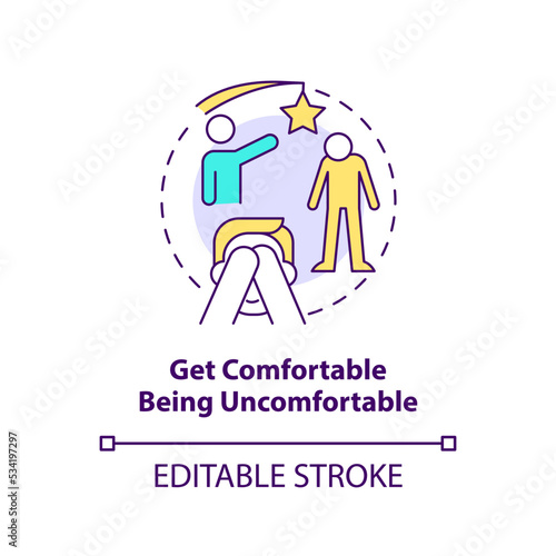 Get comfortable being uncomfortable concept icon. Networking event. Challenge shyness abstract idea thin line illustration. Isolated outline drawing. Editable stroke. Arial, Myriad Pro-Bold fonts used