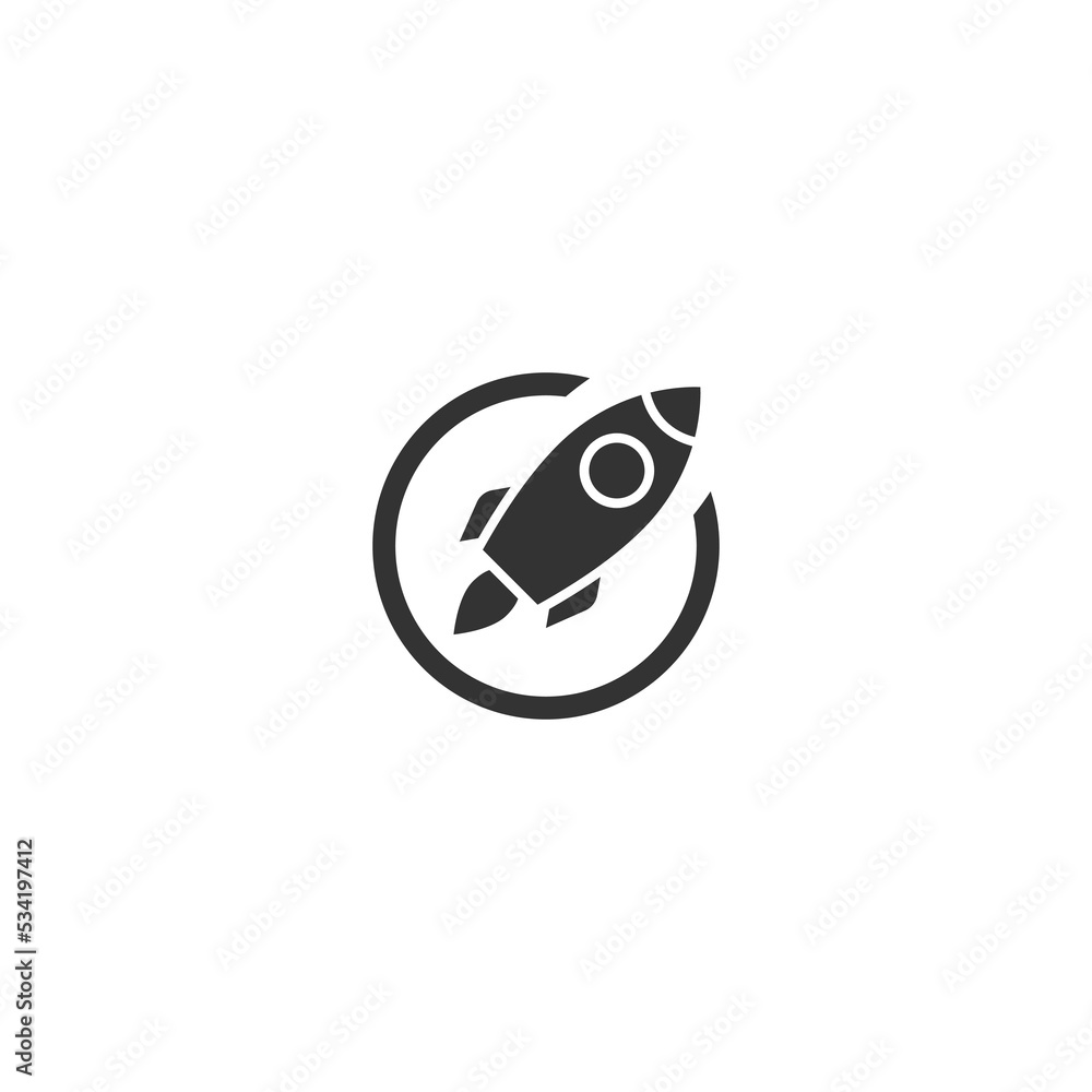 Rocket ship with fire flying out of circle isolated on white. Flat line icon. Vector illustration with flying rocket. Space travel. Project start up sign. Creative idea symbol. Black and white Rocket ship with fire flying out of circle isolated on white. Flat line icon. Vector illustration with flying rocket. Space travel. Project start up sign. Creative idea symbol. Black and white