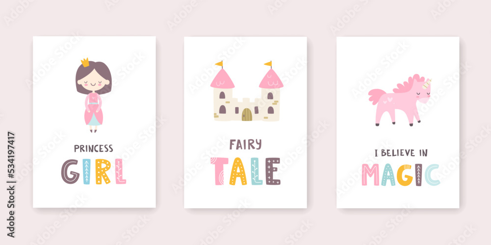 Girly poster set with princess, castle and unicorn. Fairytale prints collection for baby girl wall art.